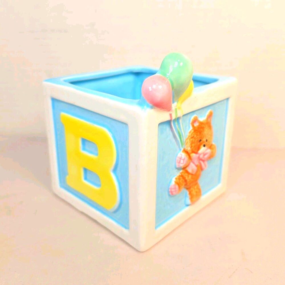 Vintage Napco Baby Block Planter Bear Balloons ABC Blue